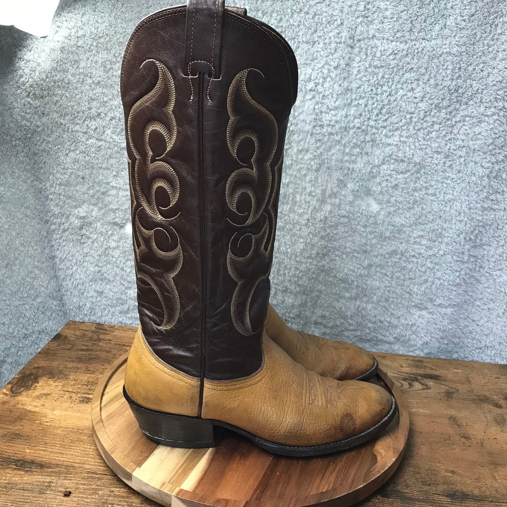 Nocona Cowboy Boots Mens 8D Brown Tan Leather Two‎ Tone Western Stitched Vintage